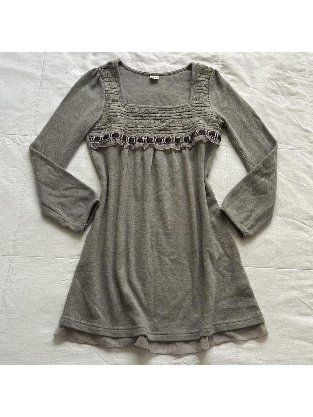 Axes Femme Taupe Knit Tunic Top Mini Dress Cable Knit Ribbon Ruffle Size M Japan